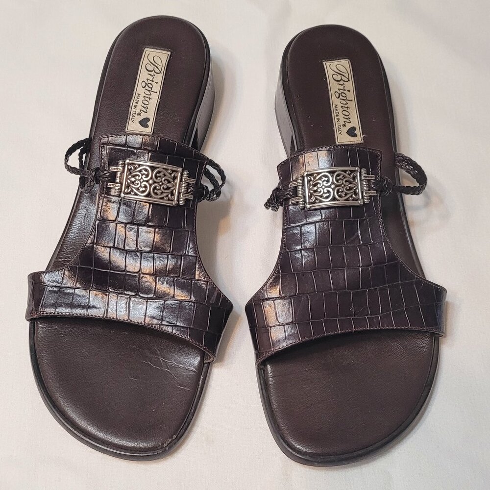 Brighton Italy Croc Embossed Silver Hardware Brown Leather Slide Sandal Flats 11